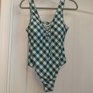 NWT Raisins one piece green check,L,  lace up